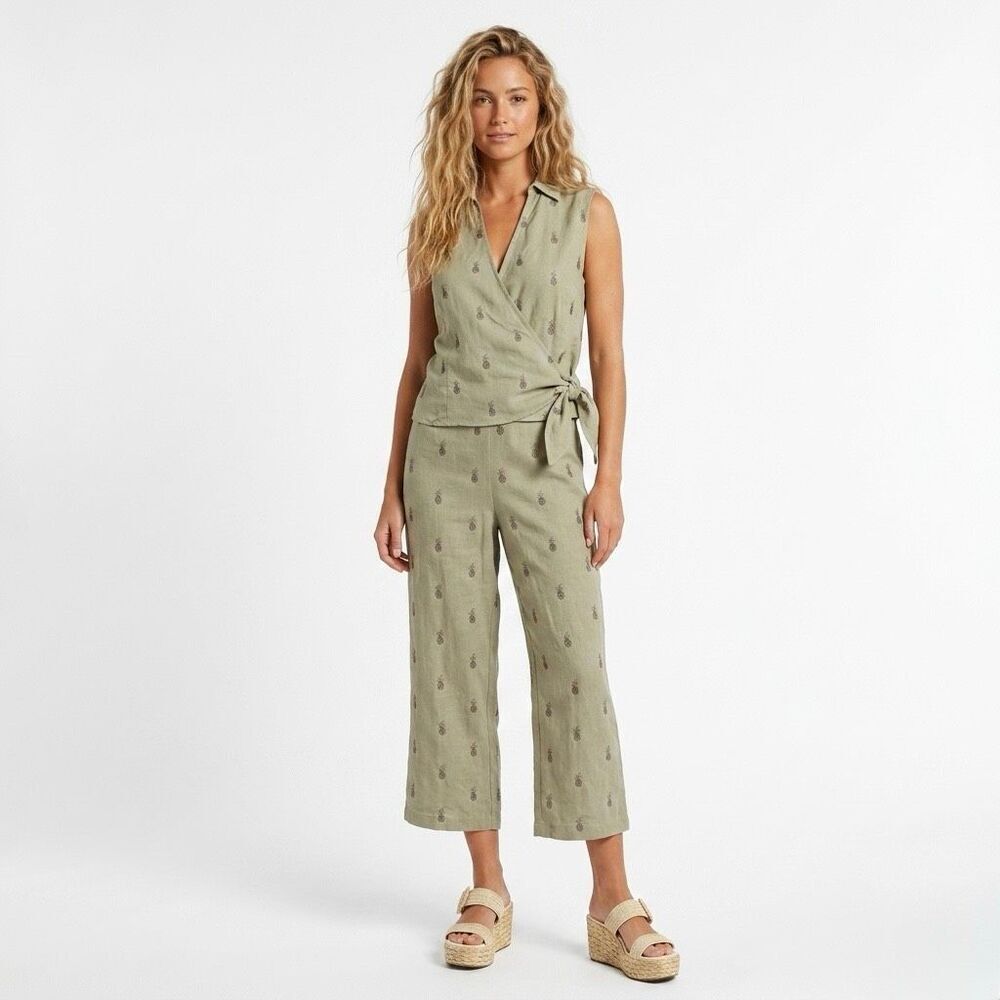 Tori Richard 2 Piece Set Embroidered Pineapple Wrap Top Crop Pants Silk Linen 10